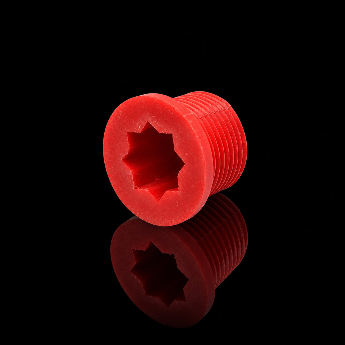 Red EZ cap threaded plug alternate view on black