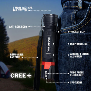 BAMFF Camping poster with feature callouts. text reads: 6 model tactical tail switch, anti-roll body, pocket clip, deep knurling, removable lanyard, aircraft grade aluminum, wide angle floodlight, spotlight.
