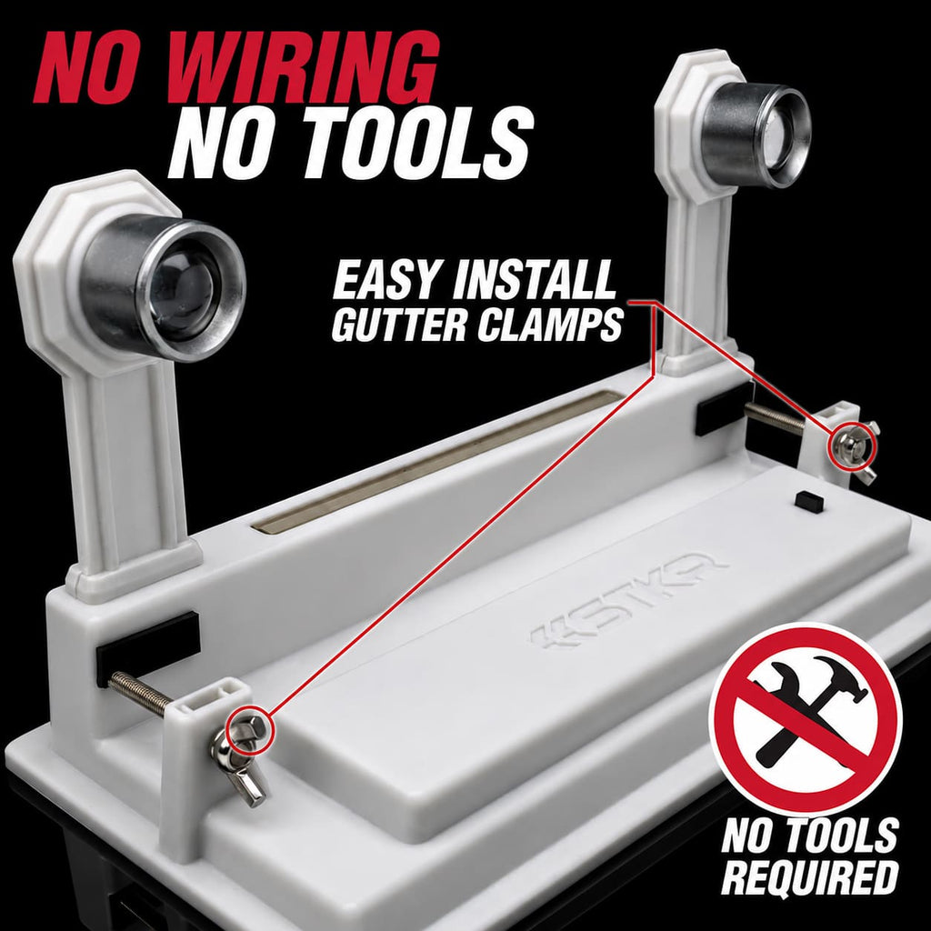 Gutter Light with text 'No Wiring, No Tools' on a white background