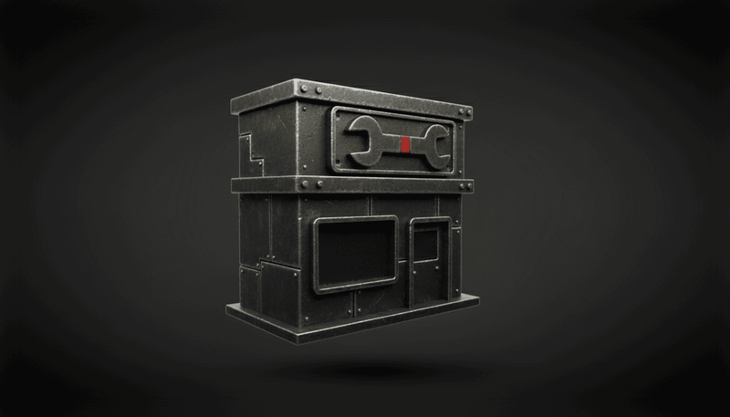 Industrial-style black metal box that looks like a miniture storefront with mechanical design on a dark background