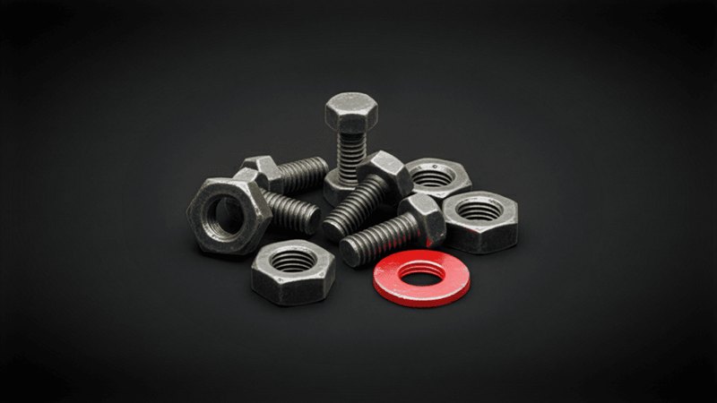 Collection of metal bolts and a red washer on a black background