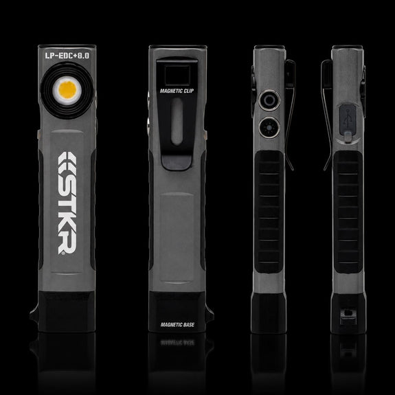 LP-EDC+ 8.0 Low Profile Everyday Carry Ultra-Thin Spot & Flood Flashlight front back and side views on white