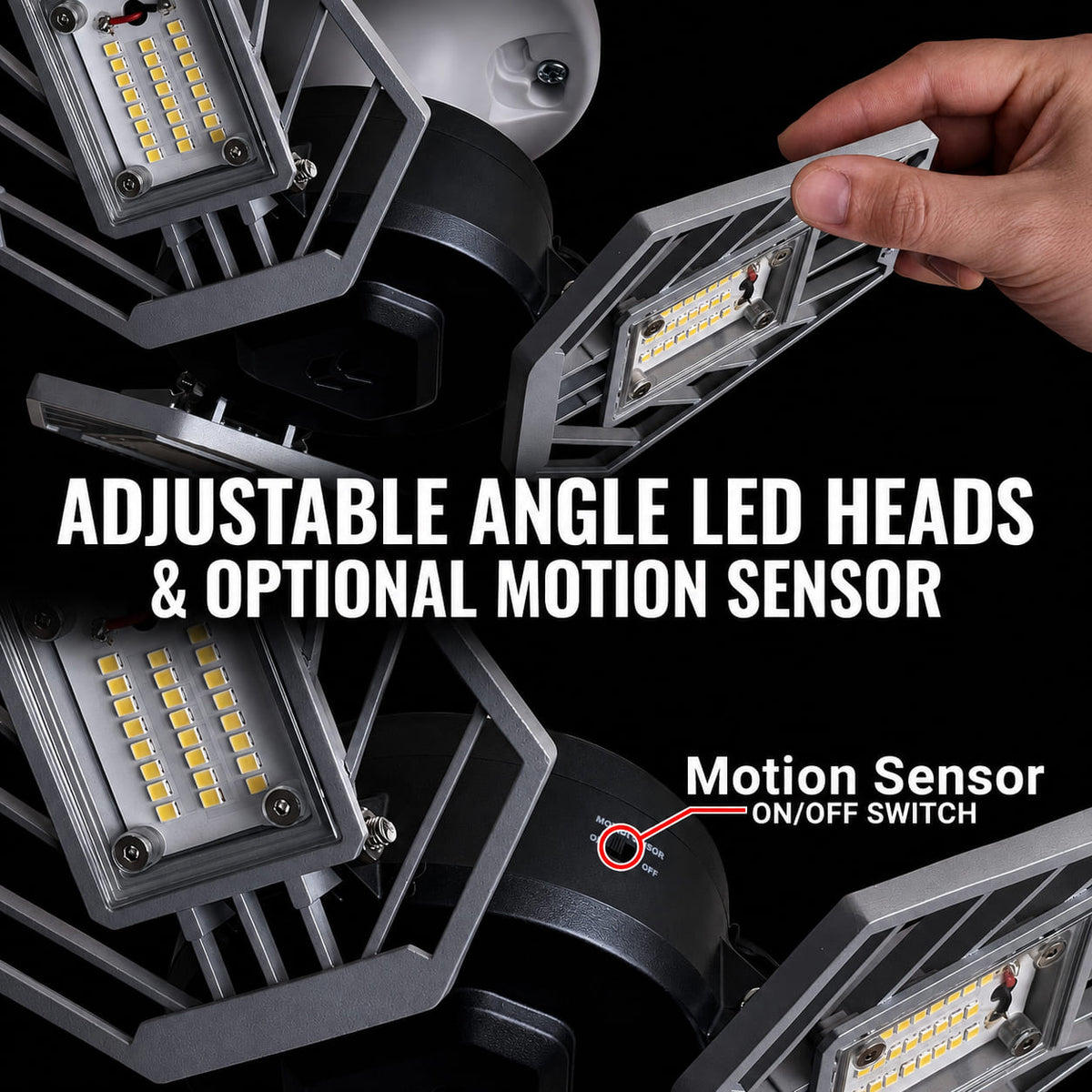 Adjustable angle LED light heads with a hand demonstrating the swivel, shown with text overlays reading 'ADJUSTABLE ANGLE LED HEADS & OPTIONAL MOTION SENSOR' and 'Motion Sensor ON/OFF SWITCH'.