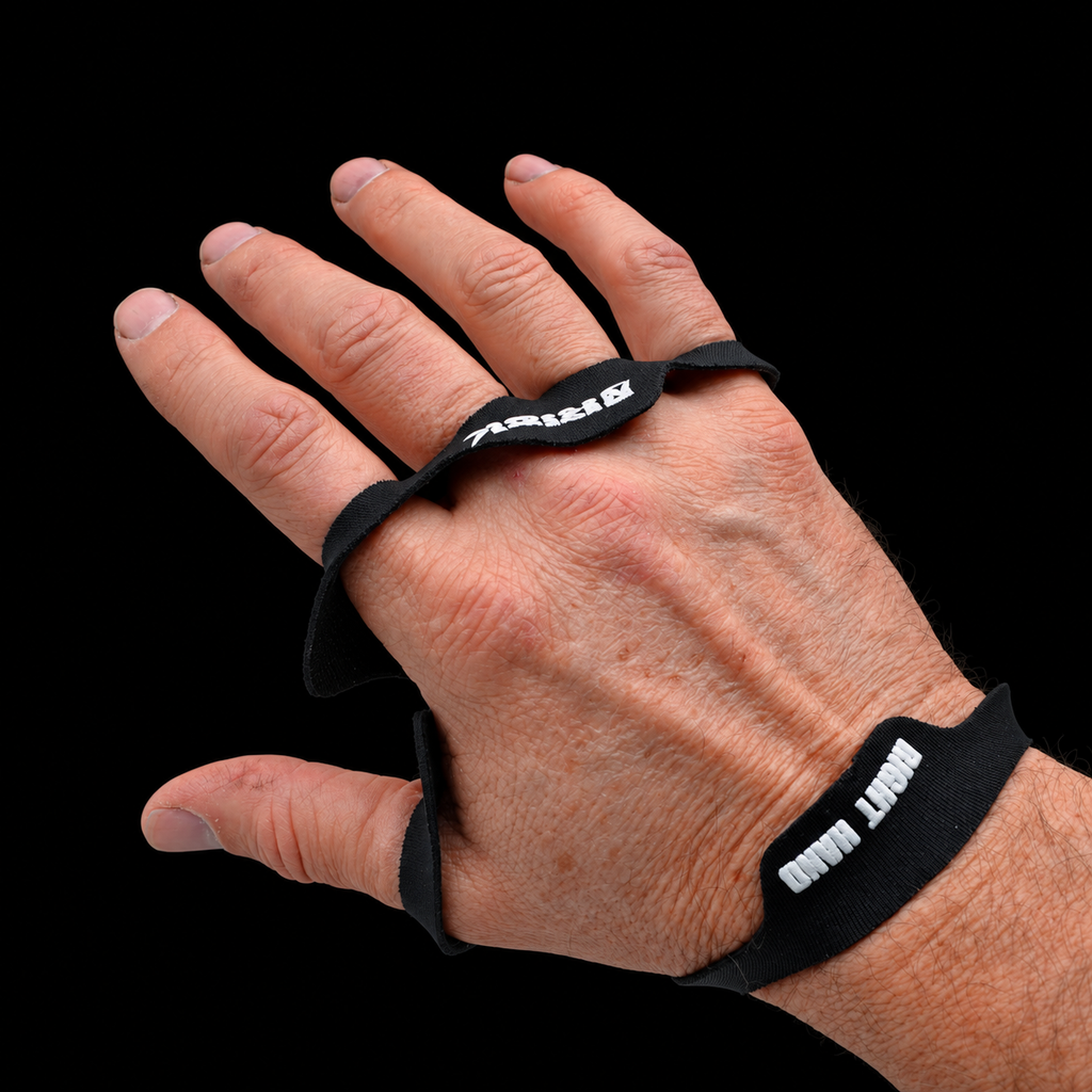 Back of a hand wearing a black Risk Racing palm protector on black