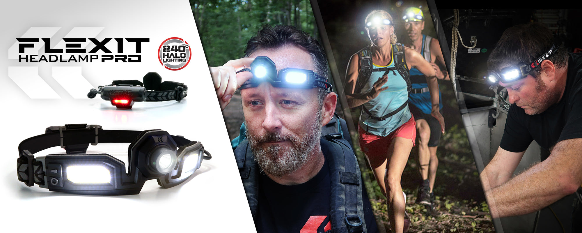 FLEXIT Headlamp Pro 6.5 homepage banner featuring 3 use images and 1 studio panel. Hiking male adjusting the center spotlight, running backpackers wearing headlamps, and finally male working on garage project with his headlamp on. 240 deg halo lighting.. 