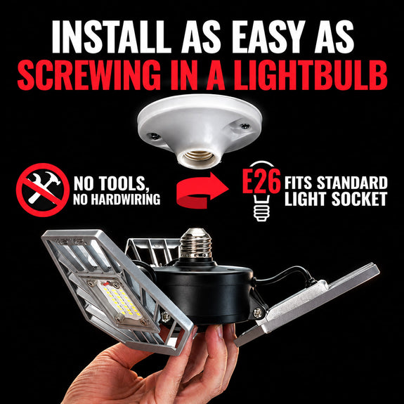 TRiLIGHT 2.0 held up to a standard E26 ceiling socket, installs with no tools and no hardwiring
