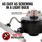 Light fixture with screw base and text indicating tool-free installation.