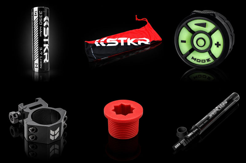 STKR accessories and parts: 18650 battery, headlamp bag, FLi wireless remote, BAMFF rail mount, EZ Jug threaded plug, and Dura Lead refills