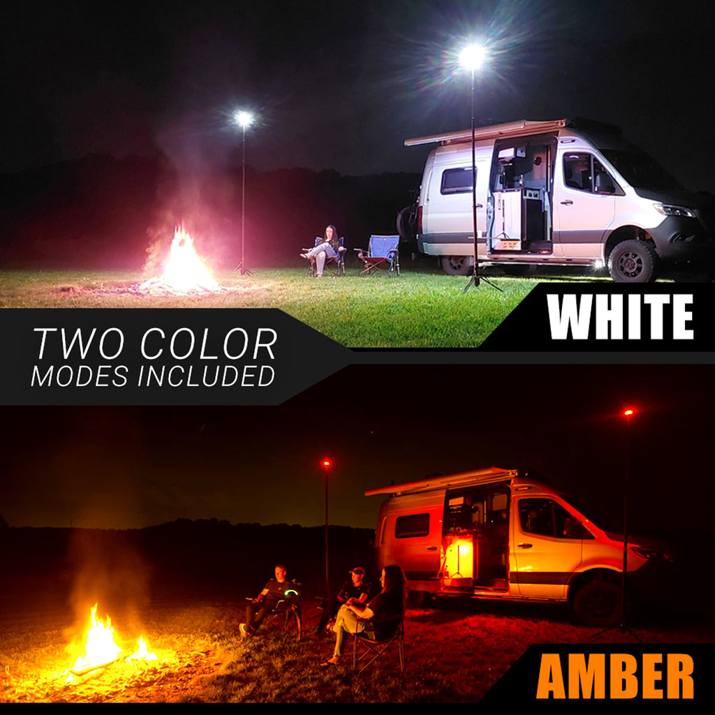 TOP/BOTTOM VERSUS of a Van with a FLi-OVERLANDER showing white and amber color modes at night.