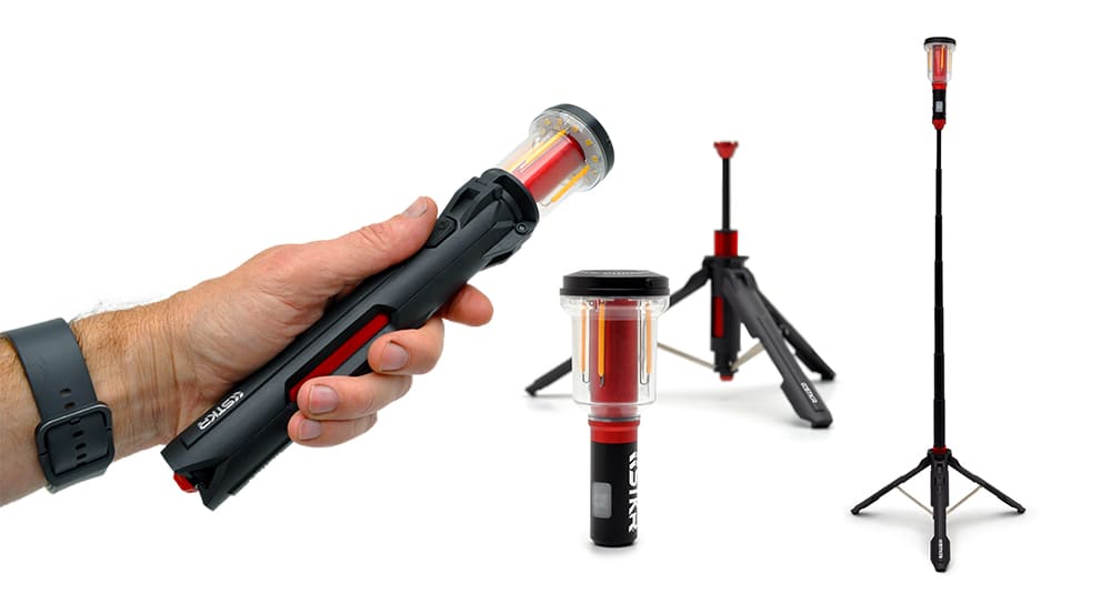 FLi-MORPHE shown in flashlight mode held by a hand. Also in telescoping mode and detached lantern head mode.
