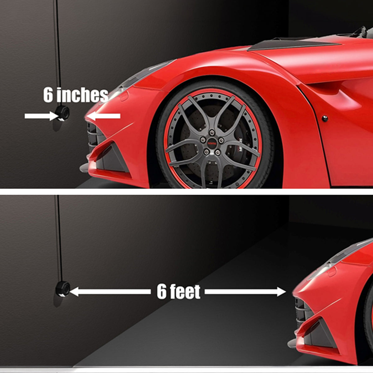 Two-panel comparison showing a red sports car approaching a parking sensor. The top panel shows the sensor activating at 6 inches from the front bumper, while the bottom panel shows the car at a distance of 6 feet from the sensor.