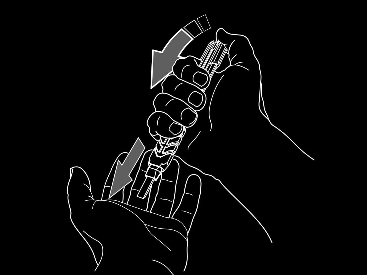Drawing: angle the STKR Mechanical Carpenter Pencil toward your palm and press the cap to advance the lead
