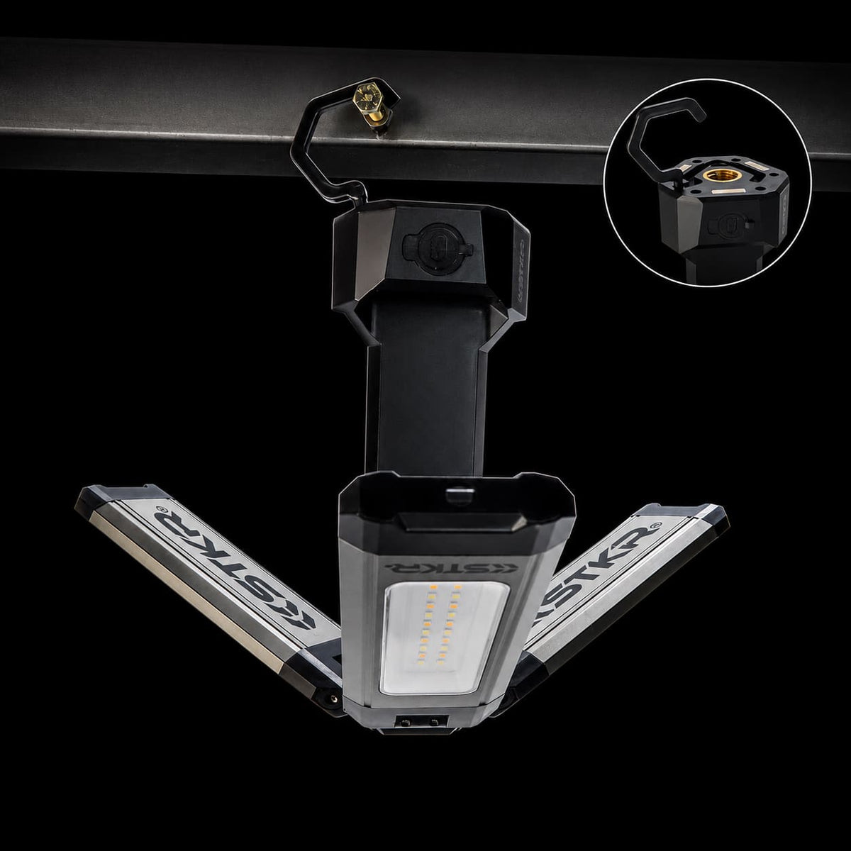 TRi-Mobile Area Work Light - Rechargeable Shoplight with Triple Pivoting LED Light Heads by STKR Concepts - hanging hook detail