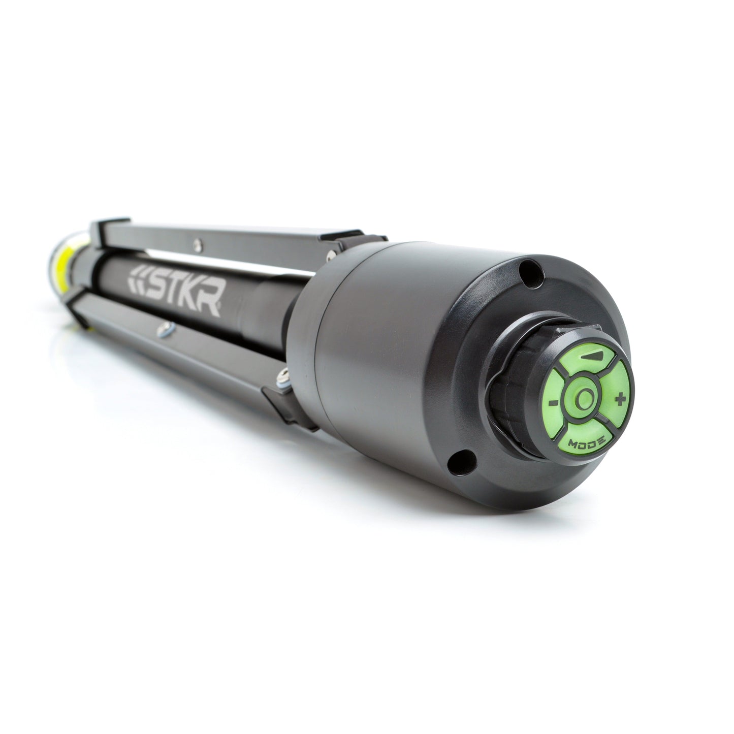 Folded up FLi-Pro Plus 10' Telescoping Area Light. camera focused on the bottom of the tripod showing us the magnetically attached FLi wireless remote..